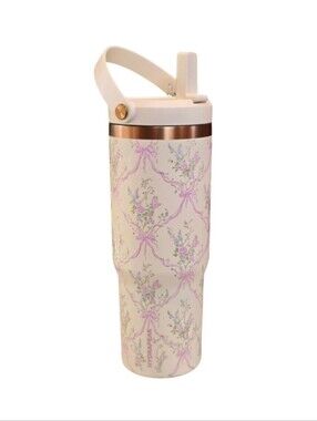 HydraPeak Artisian Collection Ivory Pink Floral Bow Stainless Steel Tumbler 32oz